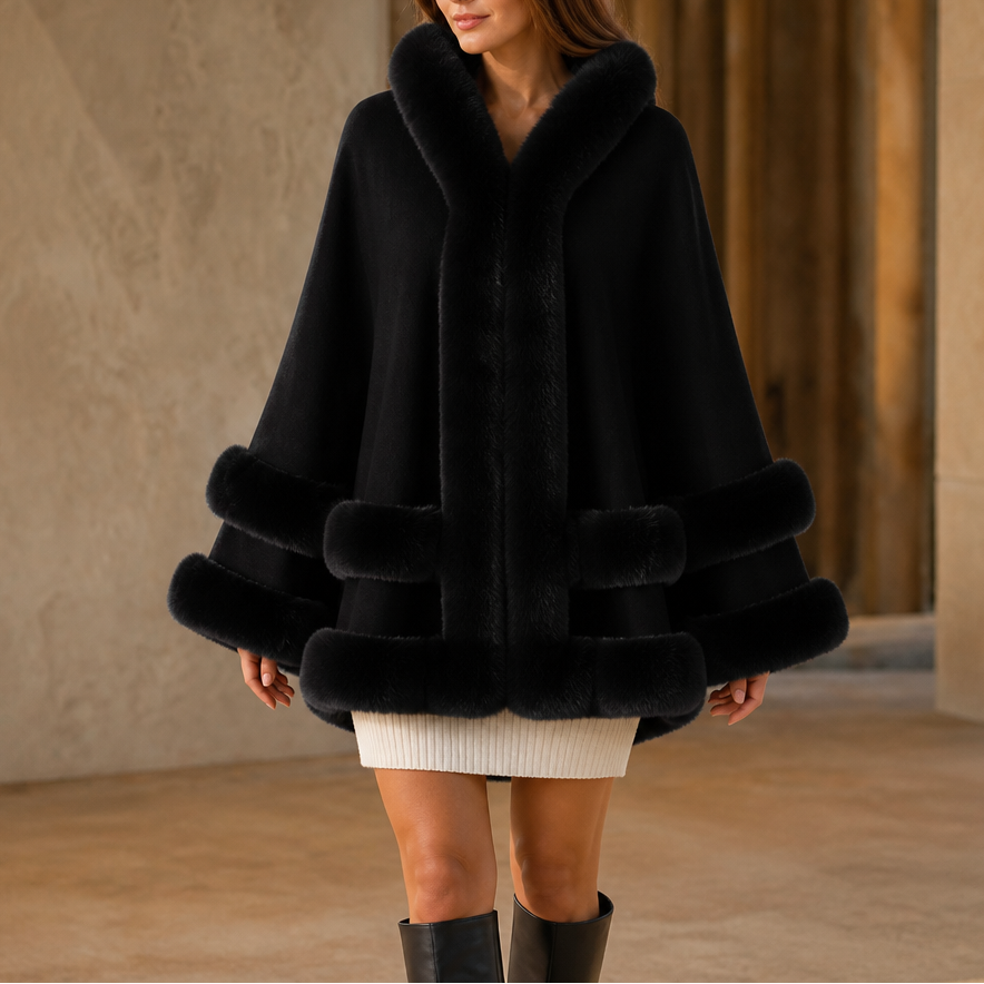 Wearbella – Fur-Trimmed Hooded Knit Cape Coat