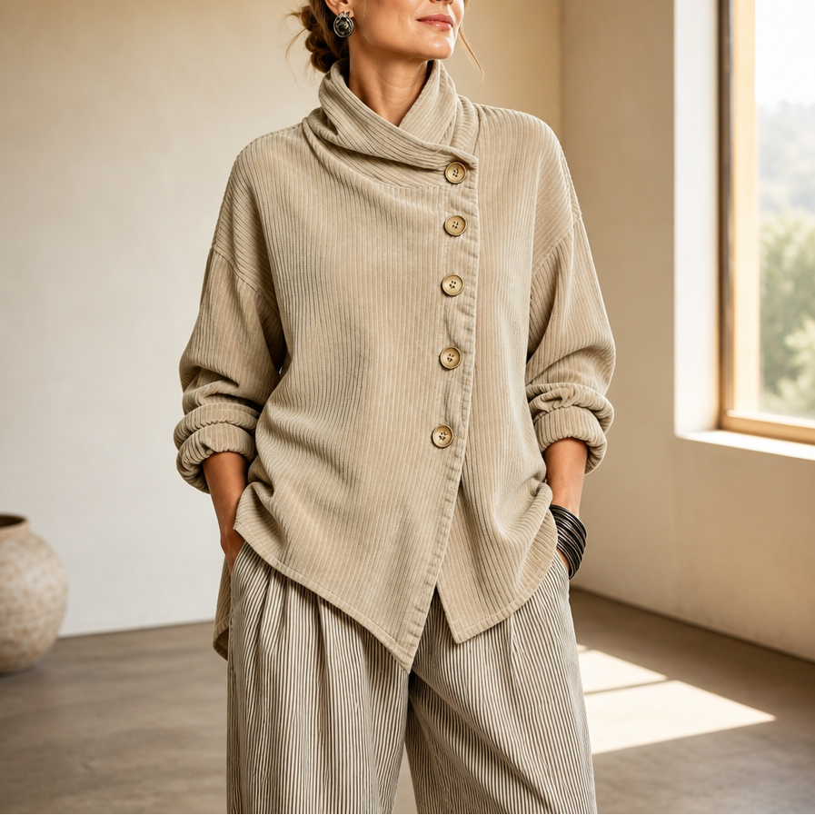Wearbella – Funnel Collar Asymmetric Button Corduroy Top