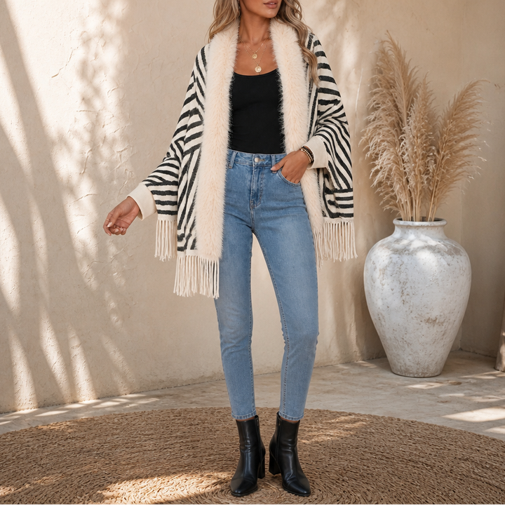 Velmora – Fringed Faux Fur Poncho Cardigan