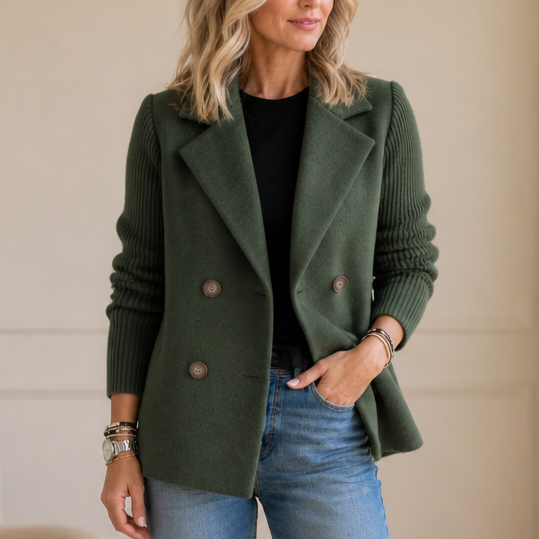 Wearbella – Knit-Sleeve Double-Breasted Blazer