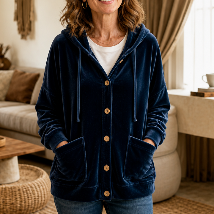 Coziva – Hooded Button-Front Velour Cardigan