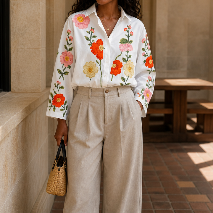 Lunabloom – Floral Embroidered-Look Lapel-Collar Blouse