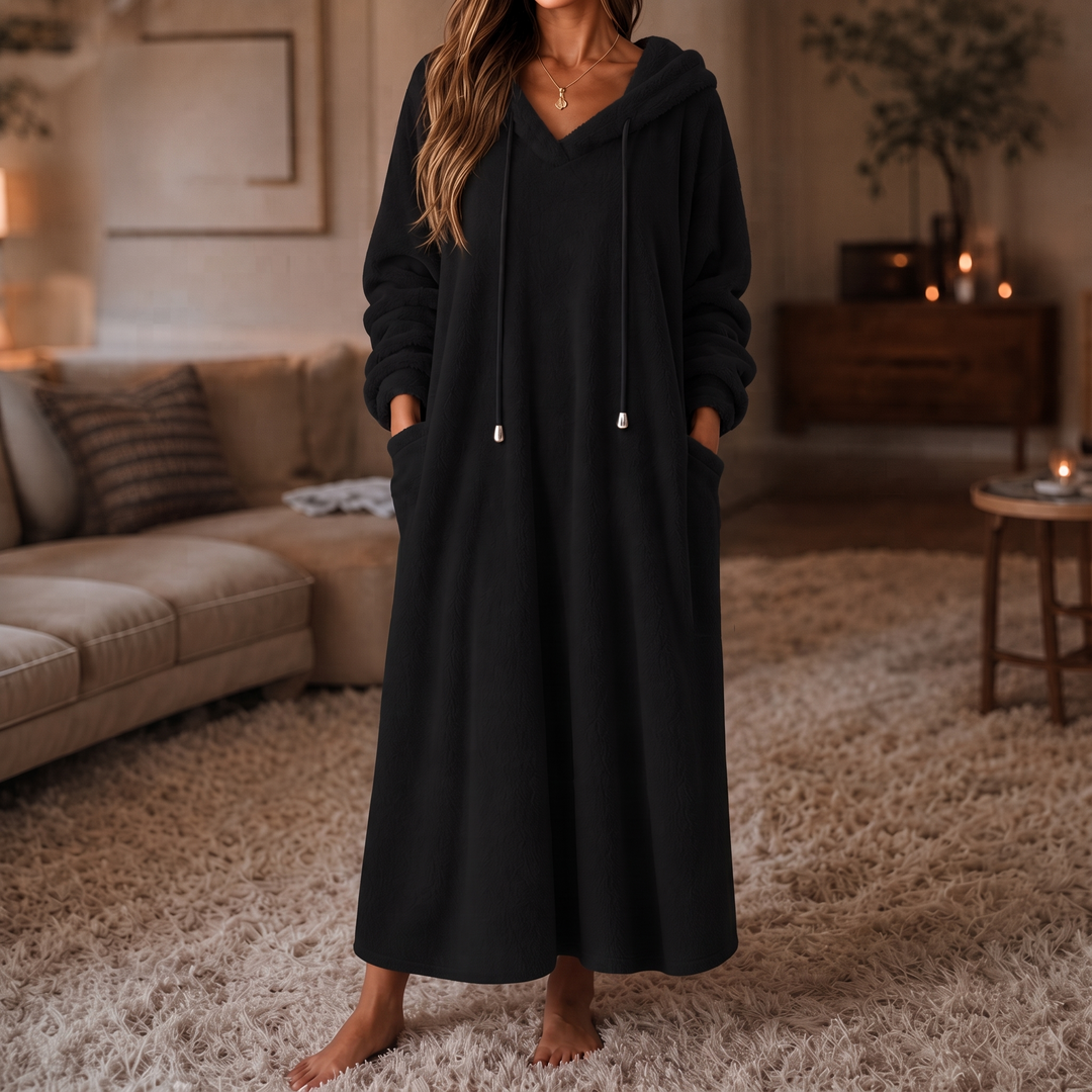 Wrapelle – Hooded Plush A-Line Maxi Lounge Dress