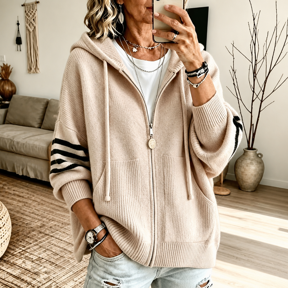 Wearbella – Striped-Sleeve Drop-Shoulder Zip Hoodie