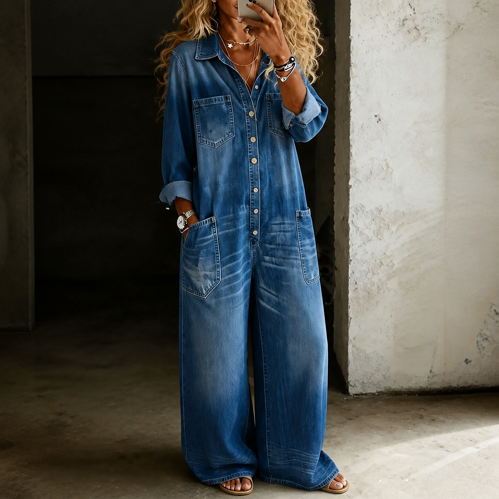 Onedress – Wide-Leg Button-Front Denim Jumpsuit
