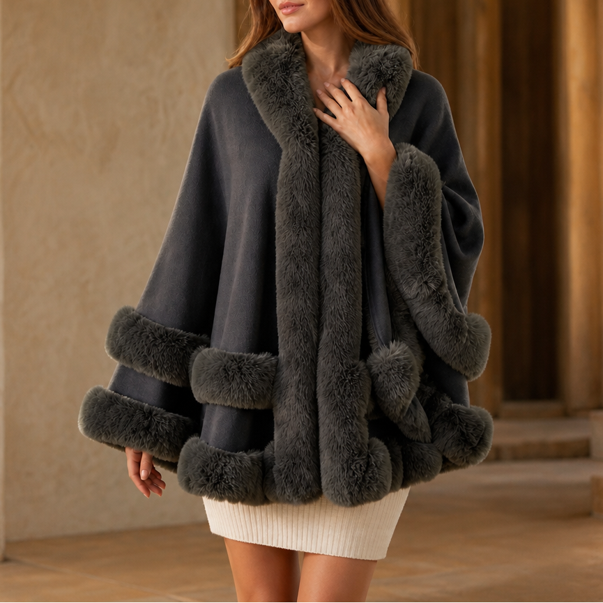 Wearbella – Fur-Trimmed Hooded Knit Cape Coat