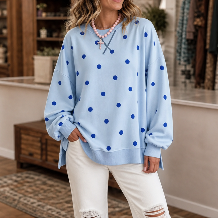 Sunbelle – Polka Dot Ribbon-Tie Neck Sweatshirt