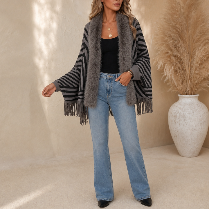 Velmora – Fringed Faux Fur Poncho Cardigan