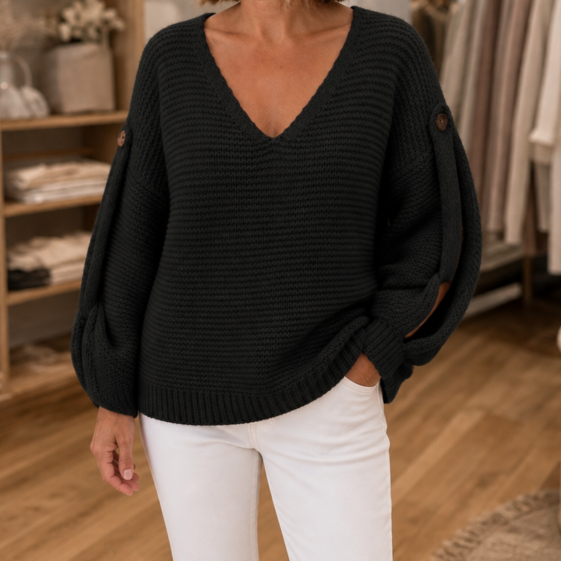 Strapline – Buttoned Strap Deep-V Sweater