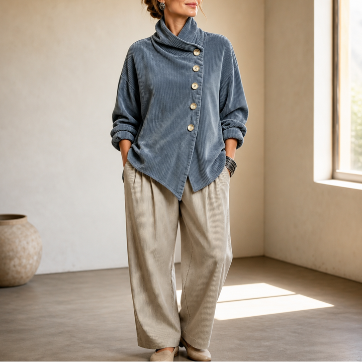 Wearbella – Funnel Collar Asymmetric Button Corduroy Top