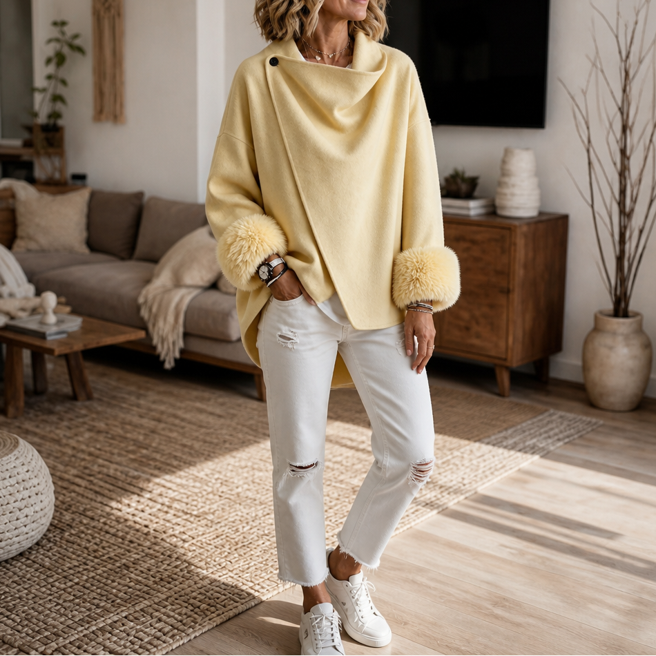 Wearbella – Faux Fur Cuff Asymmetric Wrap Blend Jacket