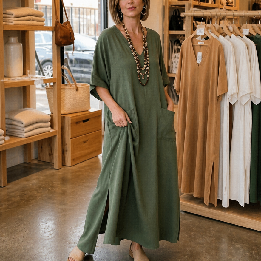Marisole – Pocketed Loose-Fit V-Neck Maxi Dress
