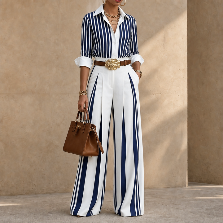 Lineleigh – Striped Wide-Leg Shirt And Pants Set