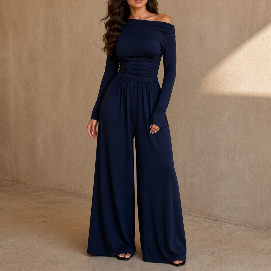 Wearbella – Off-Shoulder Ruched Wide-Leg Jumpsuit