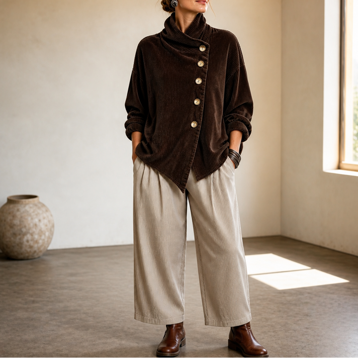 Wearbella – Funnel Collar Asymmetric Button Corduroy Top