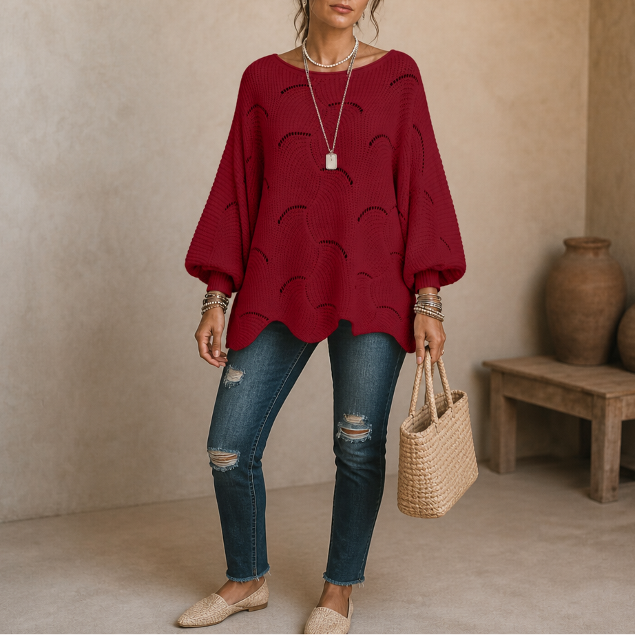 Wavelune – Openwork Wave-Knit Batwing Sweater