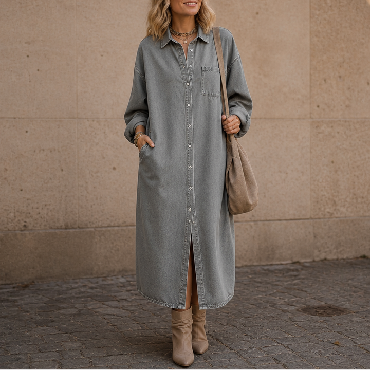 Wearlyn – Oversized Button-Front Denim Look Shirt Dress