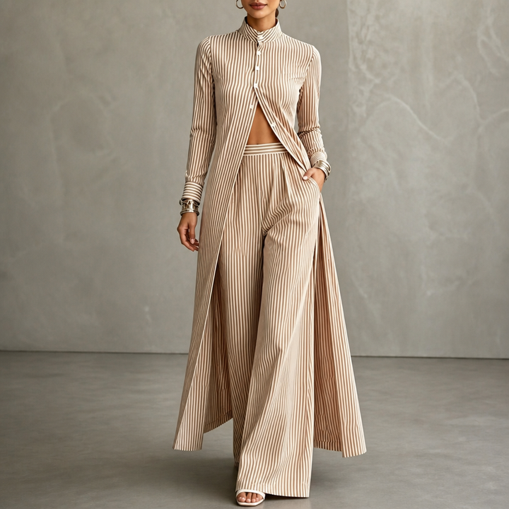 Wearbella – High-Low Striped Shirt And Wide-Leg Pants Set