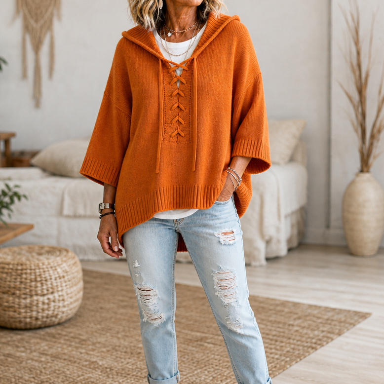 Lunarknit – Lace-Up Deep V Hooded Knit Pullover