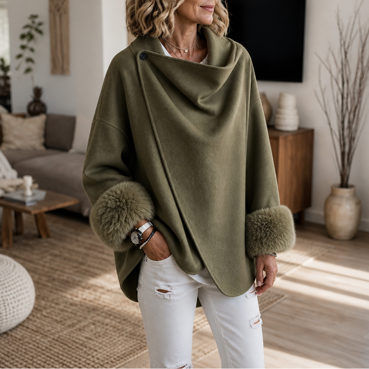 Wearbella – Faux Fur Cuff Asymmetric Wrap Blend Jacket