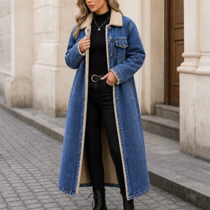 Denora – Sherpa-Lined Full-Length Denim Coat