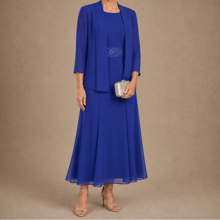 Elowen – Sleeveless Beaded-Waist Chiffon Dress With Jacket