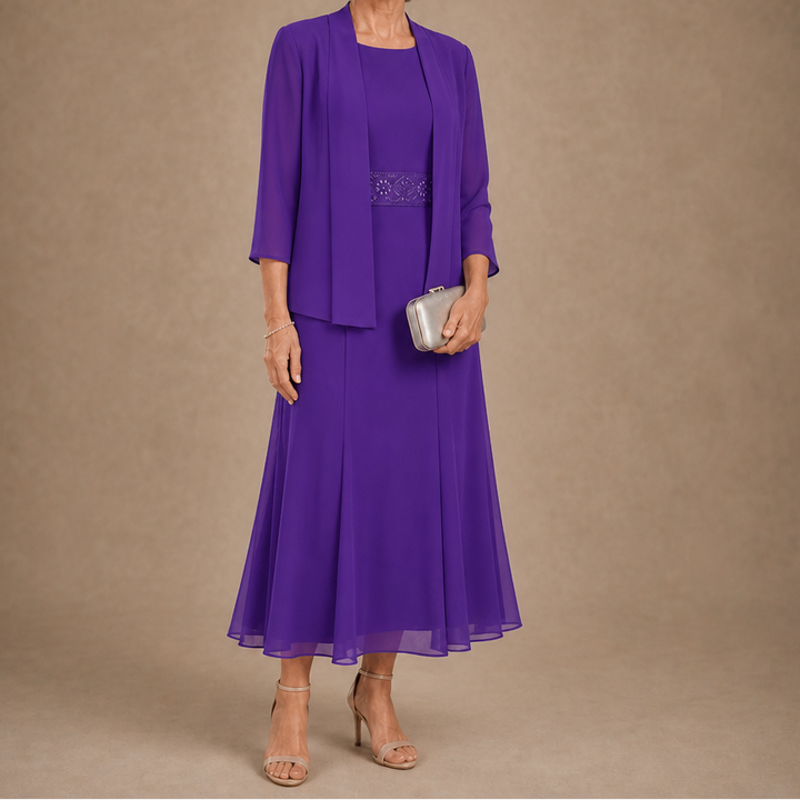 Elowen – Sleeveless Beaded-Waist Chiffon Dress With Jacket