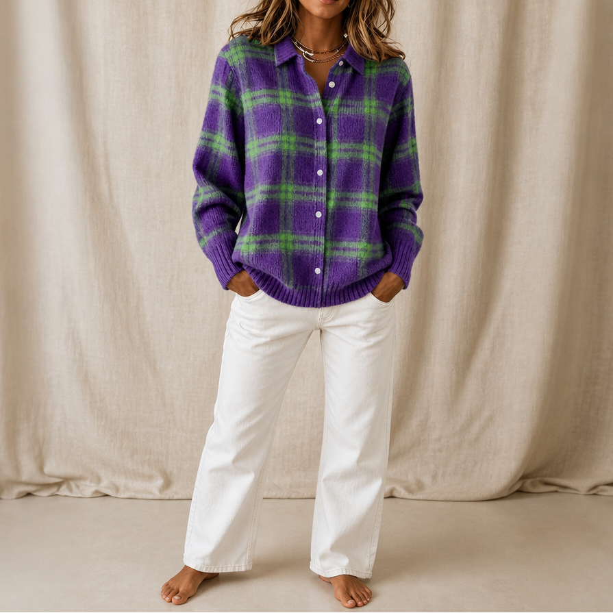 Verawool – Plaid Knit Shirt-Collar Cardigan