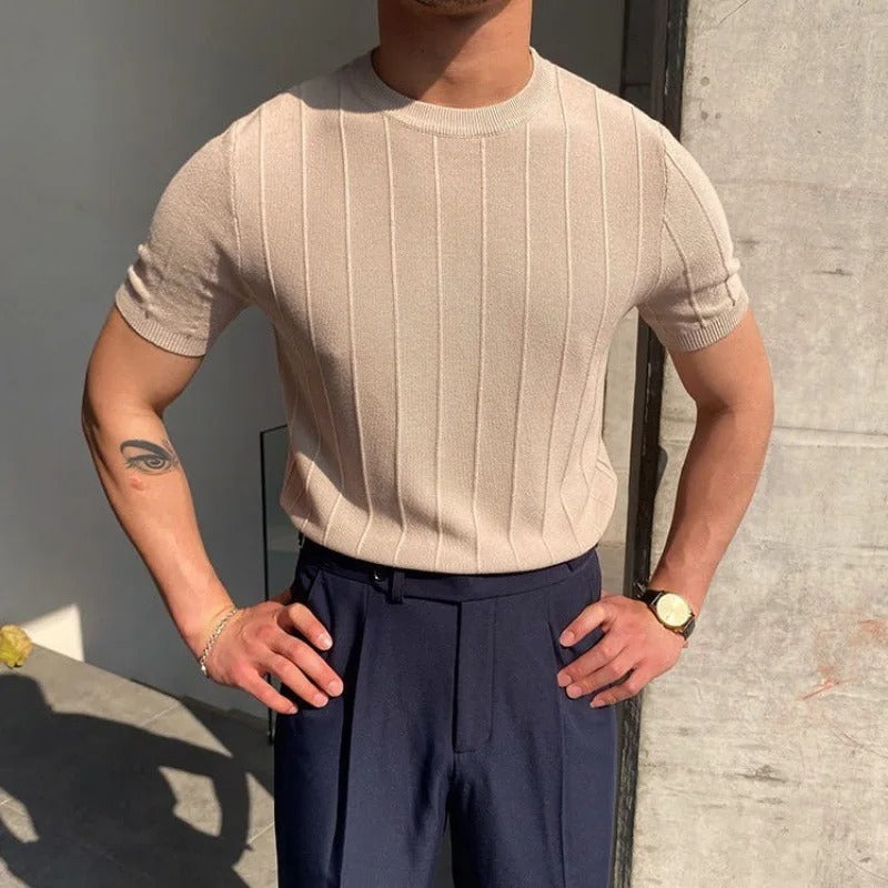 Magnus | Men's Striped Textured Ice Silk T-Shirt