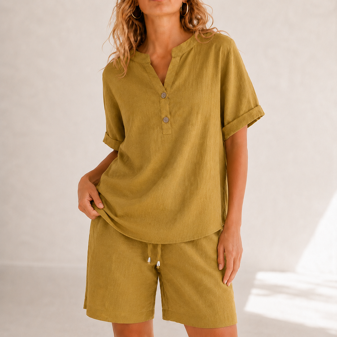 Lunessa – Cotton Linen 2 Piece Set Women Henley Top and Drawstring Shorts