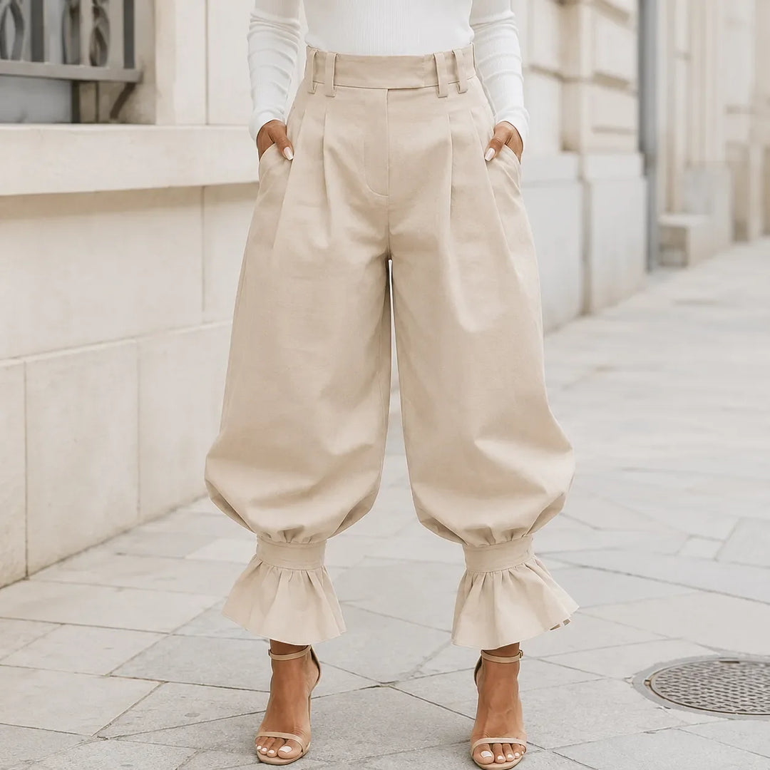 Verona – High Waist Pleated Lantern Pants with Ruffled Cuff