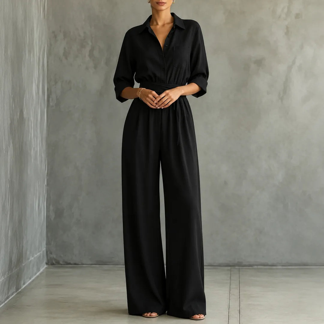 Solene – Belted Wide-Leg Shirt Jumpsuit with Tie Waist