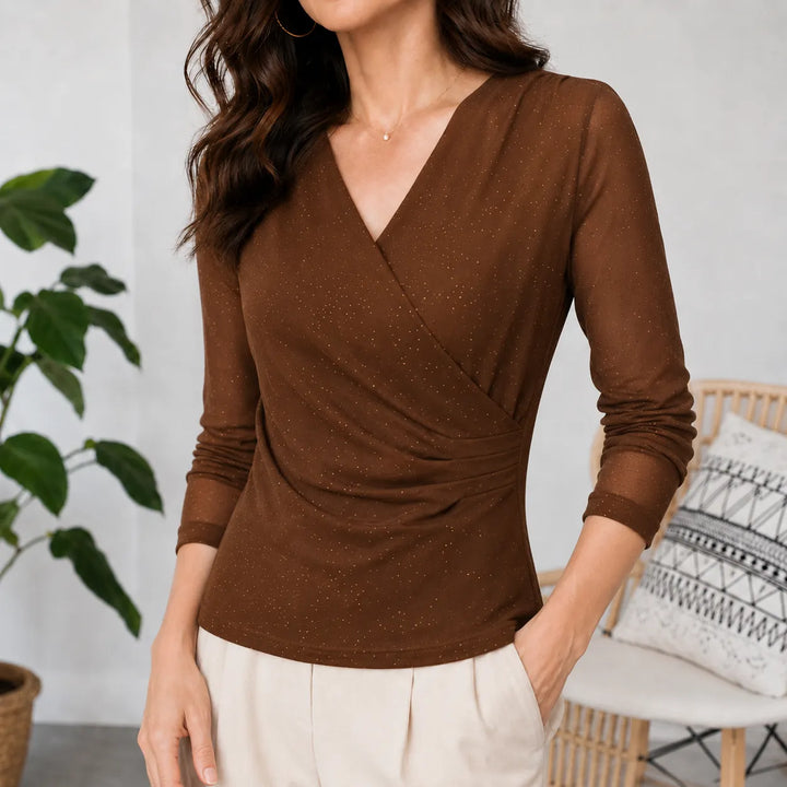 Solavia – Sparkle Ruched Crossover V-Neck Top with Sheer Mesh Sleeves