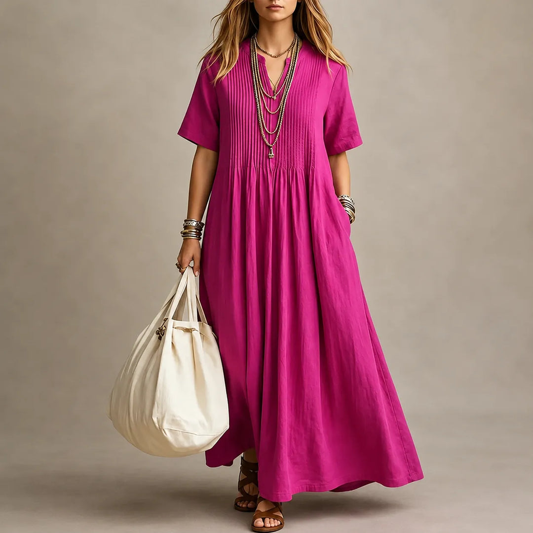 Lunavia – Pleated V-Neck Maxi Dress with Pockets