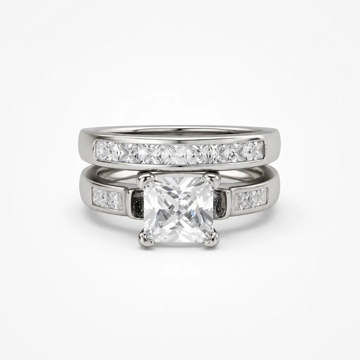 Aurelys – Matching 2-Piece Cubic Zirconia Ring Set, Princess-Cut Stackable Bridal Style, Gold or Silver Tone