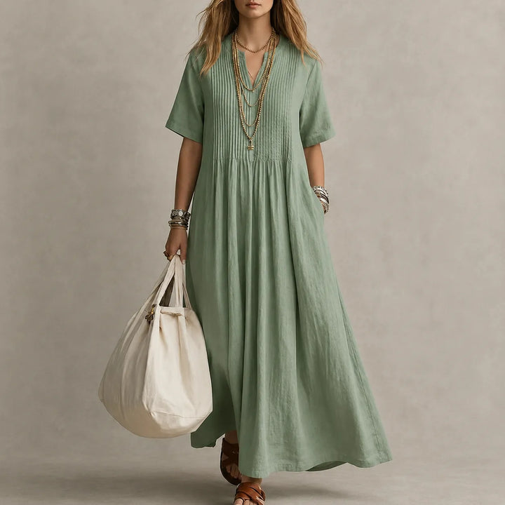 Lunavia – Pleated V-Neck Maxi Dress with Pockets