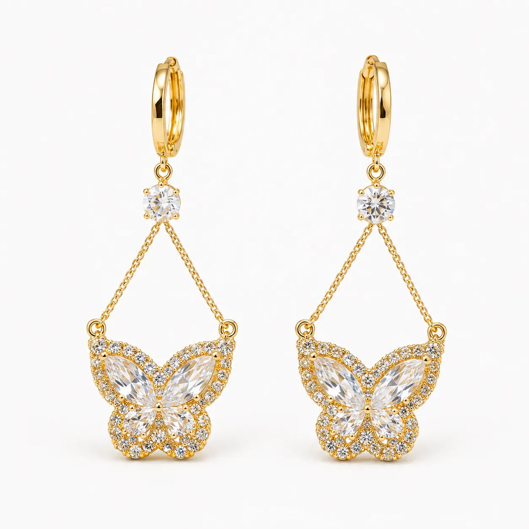 Papillore – Sparkling butterfly drop earrings, gold-tone cubic zirconia, delicate everyday elegance