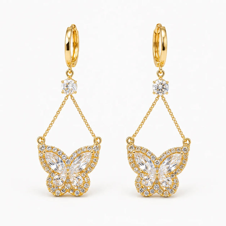 Papillore – Sparkling butterfly drop earrings, gold-tone cubic zirconia, delicate everyday elegance