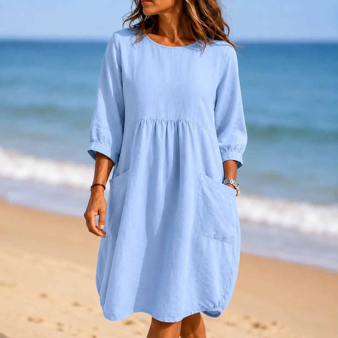 Marelle – Linen-Look Midi Dress with Three-Quarter Sleeves & Pockets
