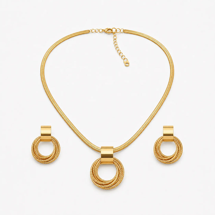 Aurenza – Gold necklace and earring set, textured medallion, flat snake chain