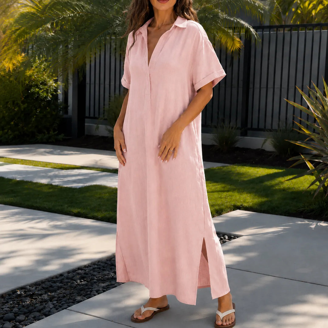 Solventa – Women's Linen-Look Maxi Shirt Dress with Pockets