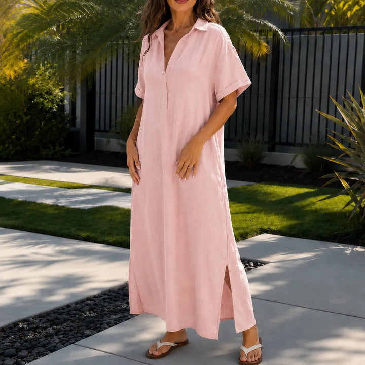 Solventa – Women's Linen-Look Maxi Shirt Dress with Pockets