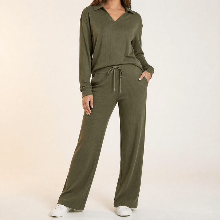 Velaire – V Neck Blouse and Wide Leg Pants Set