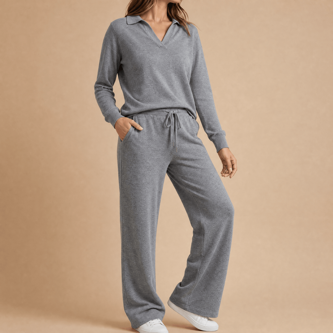 Veluna – Soft V-Neck Lounge Set with Wide Leg Pants
