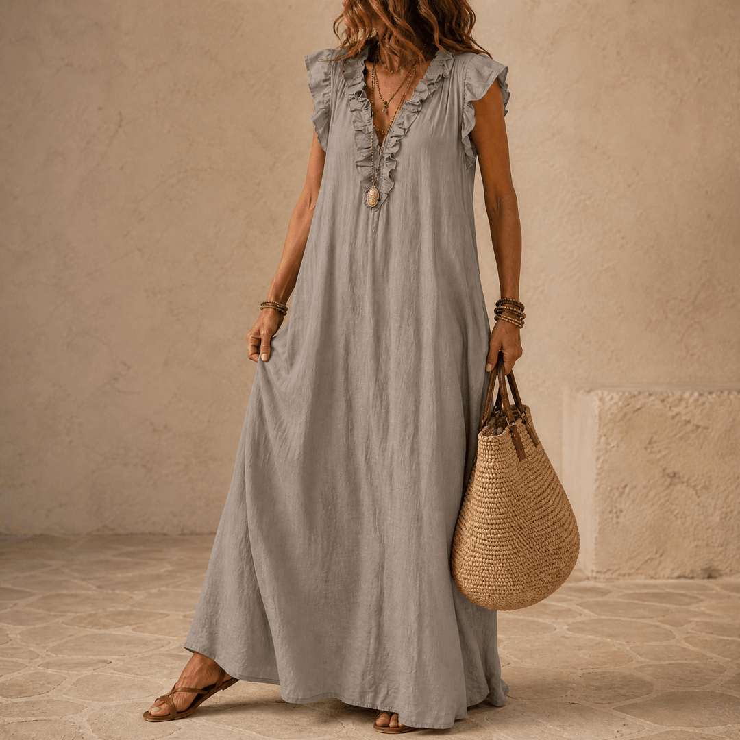 Veluna – Women's Ruffle-V Midi Dress with Pockets