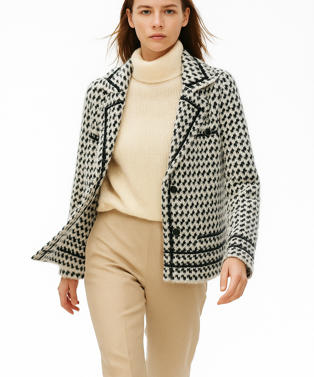 Vionne | Women's Cropped Houndstooth Knit Jacket with Double-Breasted Buttons